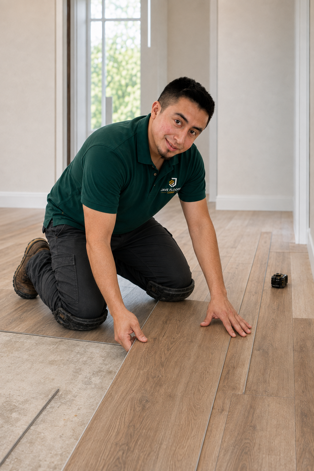 AI-recreated portrait of the owner positioning a flooring plank